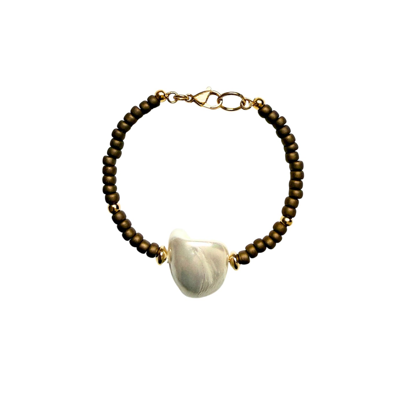 Wire bracelet with mother-of-pearl and matte seed beads