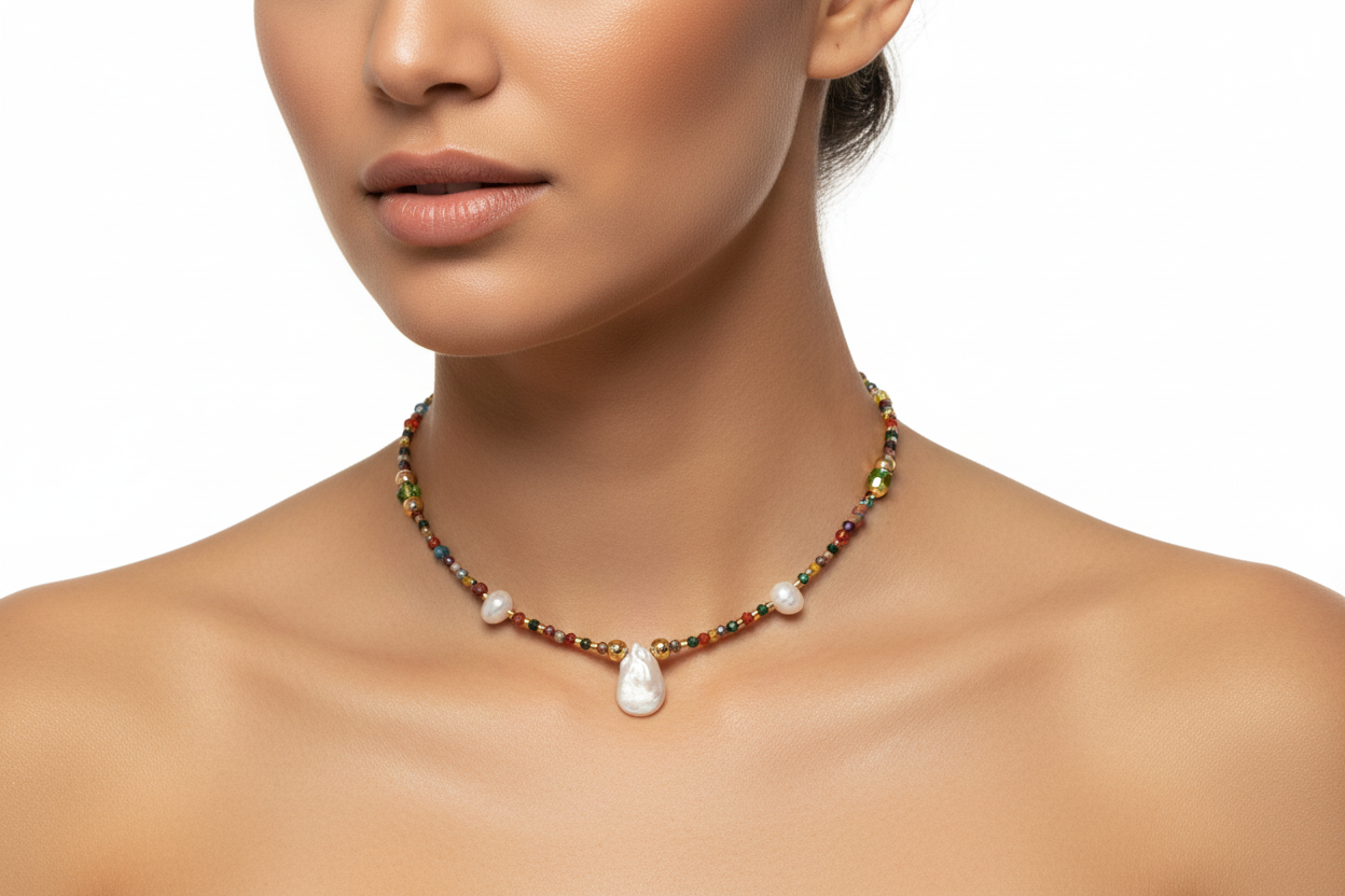 Modelo luciendo choker multicolor con nácar y perlas