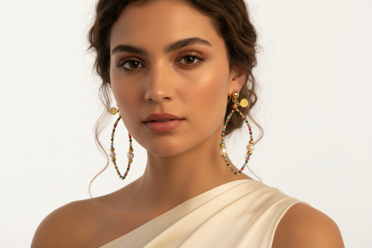 Modelo luciendo pendientes aro multicolor con perlas y cristal